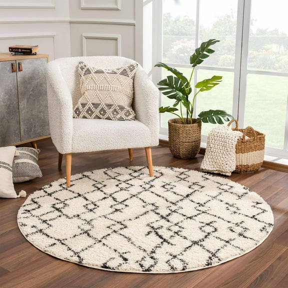 Hauteloom Pahala Living Room, Bedroom Area Rug - Bohemian/Global - Plush Pile - Charcoal, Beige - 5'3" Round