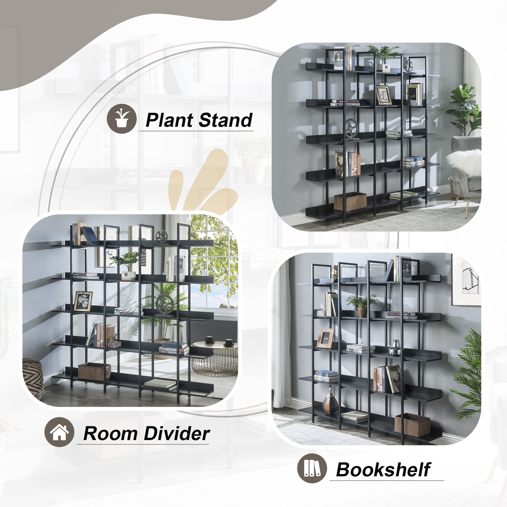 Euroco 5 Tier Bookcase Home Office Open Bookshelf, Vintage Industrial Style Shelf, MDF Board, Black Metal Frame