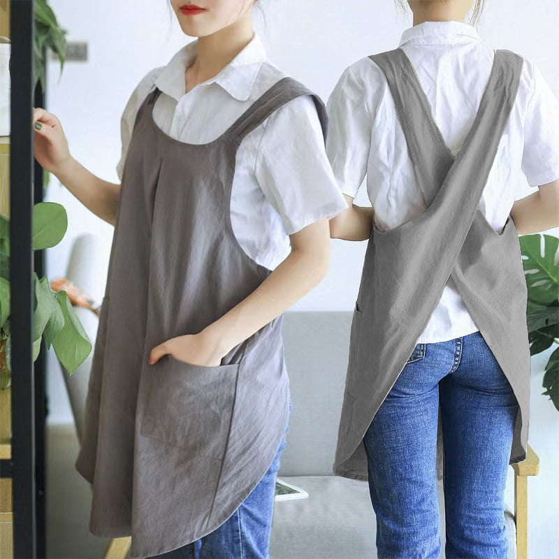 Cute Cross Back Apron Dress with Pockets Gardening Kitchen Smock Apron for Women Home Workwear Dress