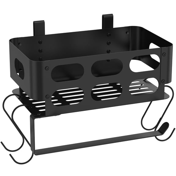Grill Accessories Storage Shelf Iron Grill Storage Bin Built in Paper Towel Holder BBQ Storage Box with 4 J Shape Hooks Convenient to Use Install Grill Storage Suitable for Traeger
