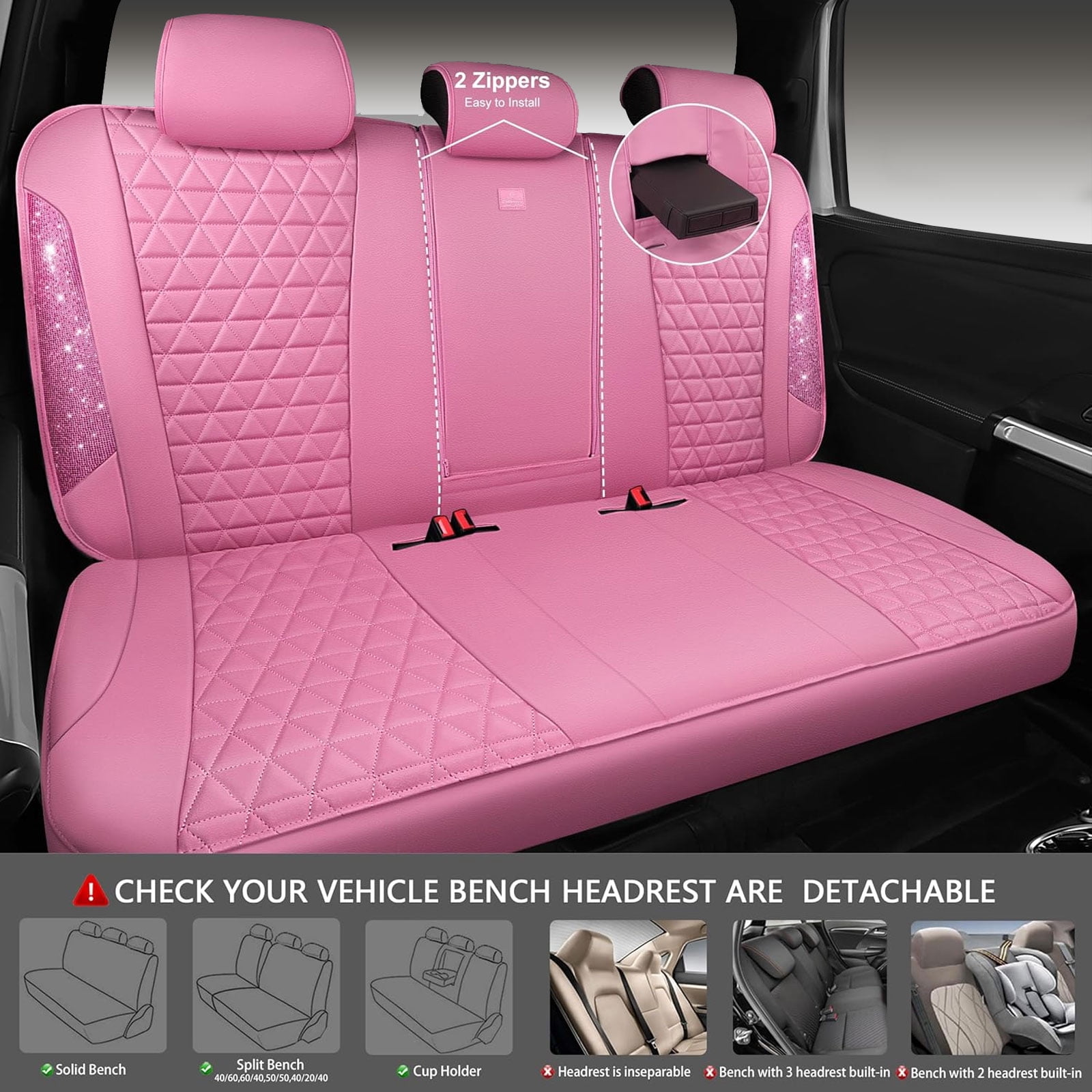 CAR GRAND Bling diamond leather automotive seat covers full set water proof shining glitter sparkly crystal rhinestone universal armrest fit girl woman lady pink