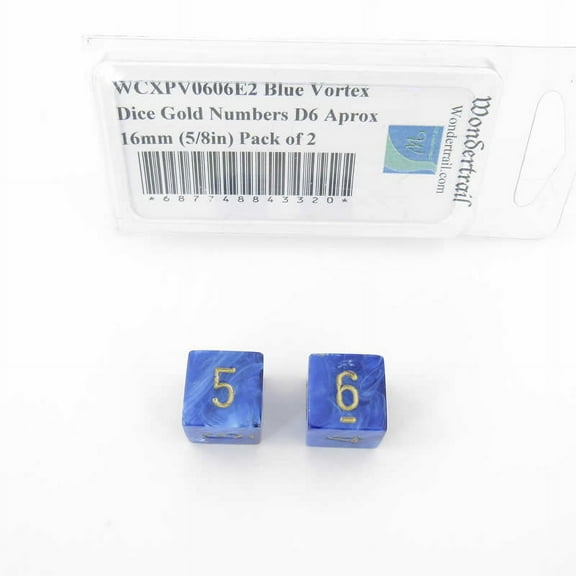 Blue Vortex Dice with Gold Numbers D6 Aprox 16mm (5/8in) Pack of 2 Wondertrail