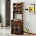 thumbnail image 2 of GZXS Farmhouse Pantry Cabinet in Walnut Finish, Freestanding Kitchen Storage Cupboard with Hutch, 4 Glass Doors, Drawer, and Microwave Shelf, 23.62"L x 15.75"W x 70.87"H, 2 of 9