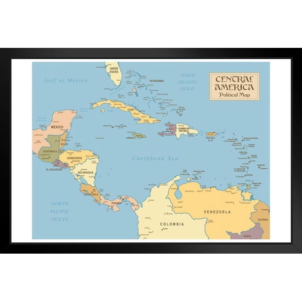 Central America Vintage Style Political Travel World Map with Cities in ...
