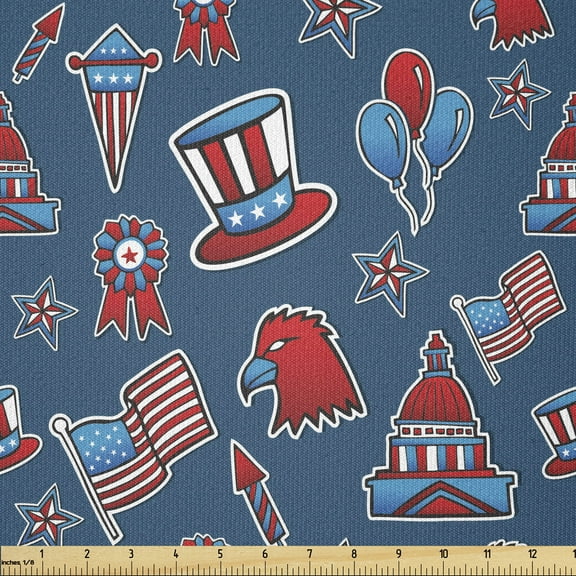 4th of July Fabric by The Yard, USA Patriotic Bald Eagle Silhouette White House and Old Glory, Stretch Knit Fabric for Clothing Sewing and Arts Crafts, 3 Yards, White Blue, by Ambesonne