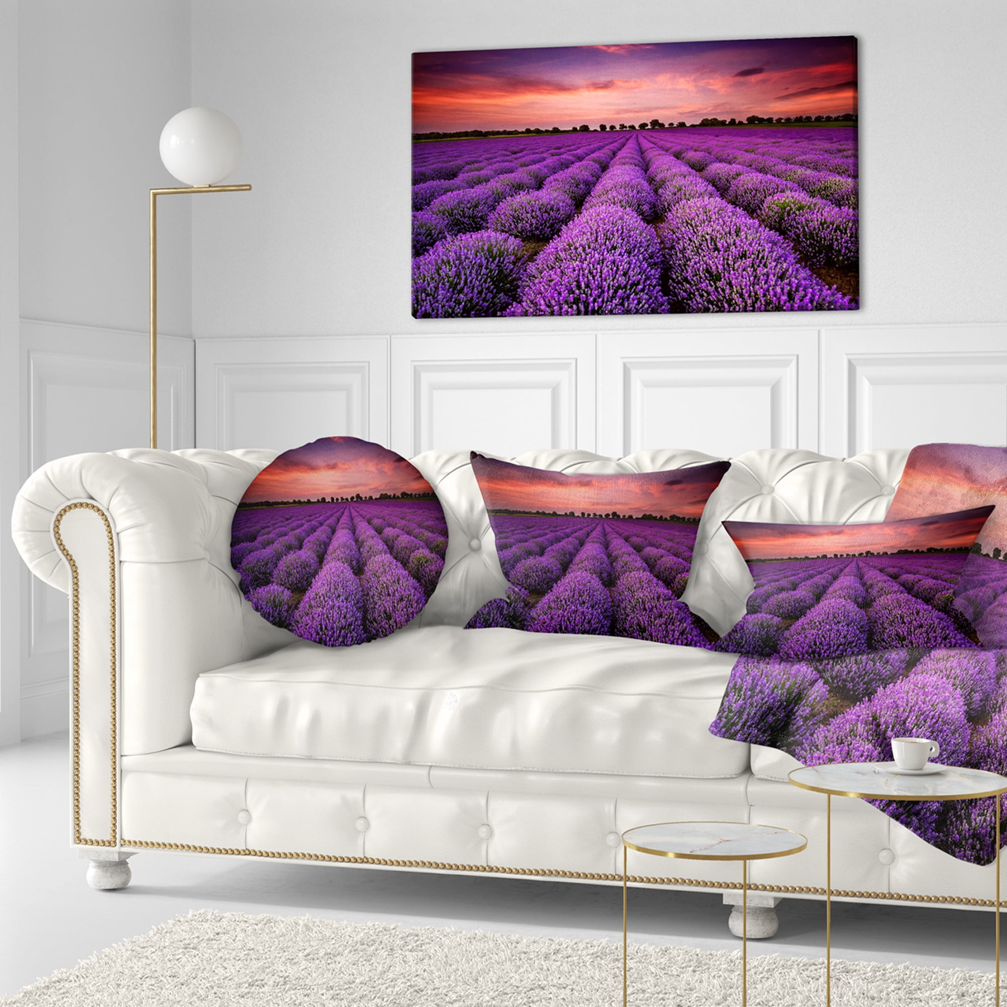 Designart Red Sunset Over Lavender Field - Landscape Printed Throw Pillow - 12x20