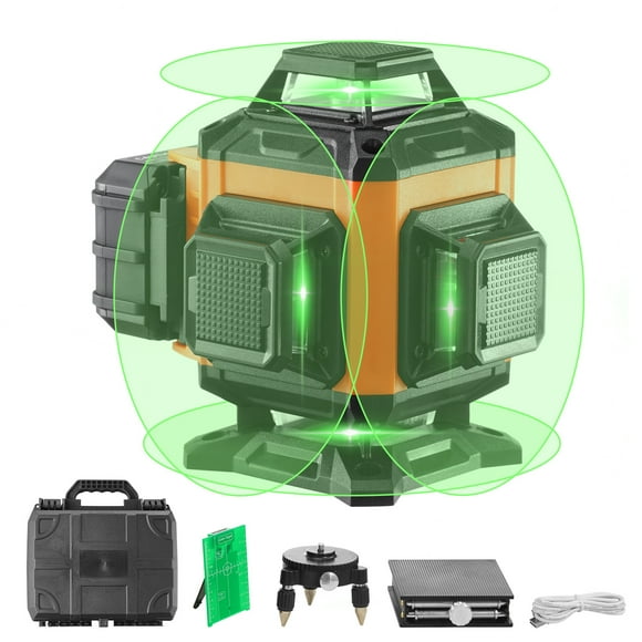 KFFKFF Laser Level, 100ft Range, Green 3 x 360° Cross 16 Line, IP54 Water-Resistant, Manual & Self-Leveling Options, Up to 5hrs Operation, Battery Included