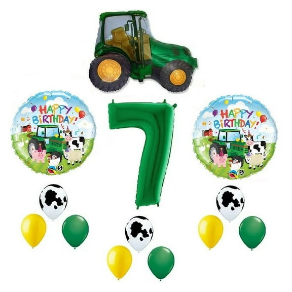 Farm Tractor 13 Piece #7 7th Green Tan Happy Birthday Balloon Bouquet Party Decoration
