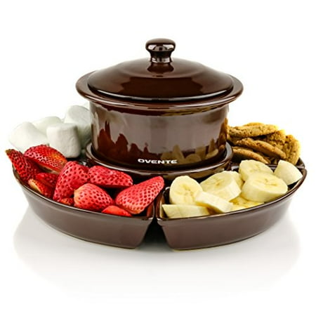 10 Piece Meat Fondue Set - Ovente 1 Liter Electric Chocolate or Cheese Fondue Melting Pot and Warmer Set, Ceramic Party Serving Tray, Includes 4 Dipping Forks, Brown (CFC317BR)