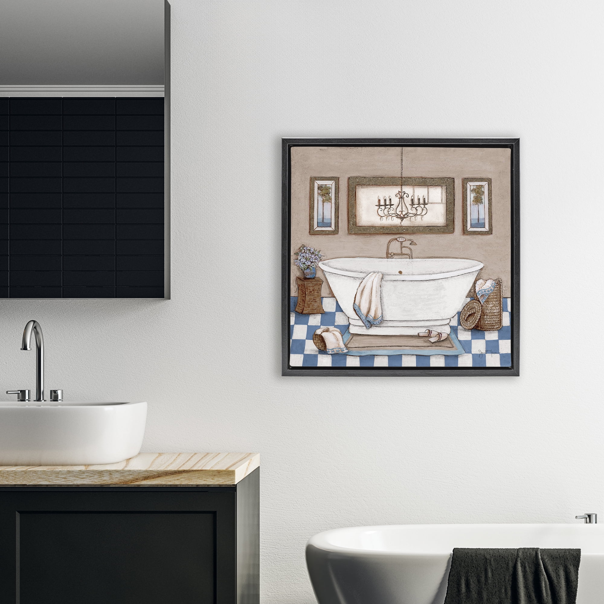 Stupell Industries Checkered Bathroom & Chandelier Black Framed Floater Canvas Wall Art, design by Janet Tava
