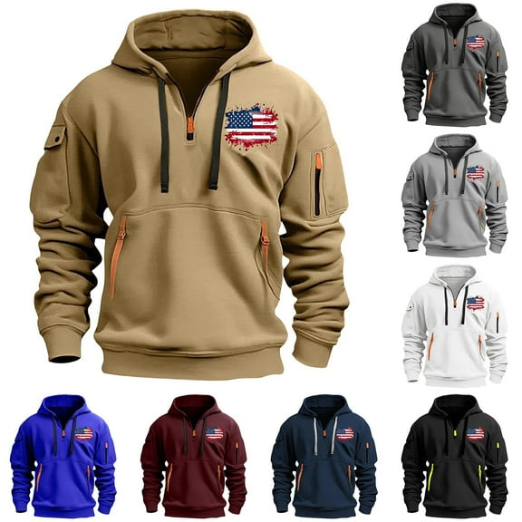 CFLVAEK Tactical Hoodies for Men USA Flag Graphic Quarter Zip Pullover Long Sleeve Workout Hiking Sweatshirts with Multiple Pockets Blue XXL