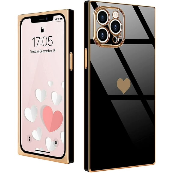 Compatible with iPhone 13 Pro Case  Cute Plating Gold Luxury Love Heart Phone Case for Women Girls Shockproof Raised Full Camera Lens Protection Bumper Cover for iPhone 13 Pro, Black