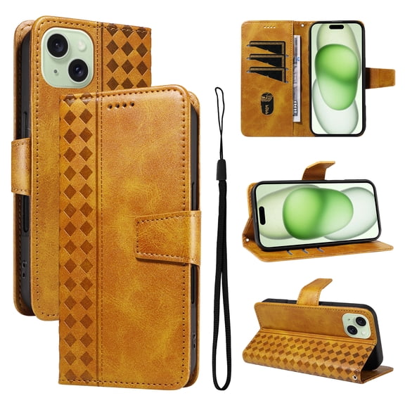 Designed for iPhone 14 Plus Case Wallet, Men Women Flip Folio Cover with PU Leather Stand Credit Card Holders Slots Wrist Strap Magnetic Phone Case Compatible with iPhone 14 Plus, Yellow