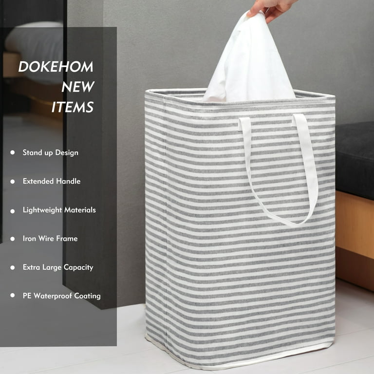 DOKEHOM 80L Freestanding Laundry Hamper with Handle Collapsible Large Cotton Storage Basket for Clothes Grey