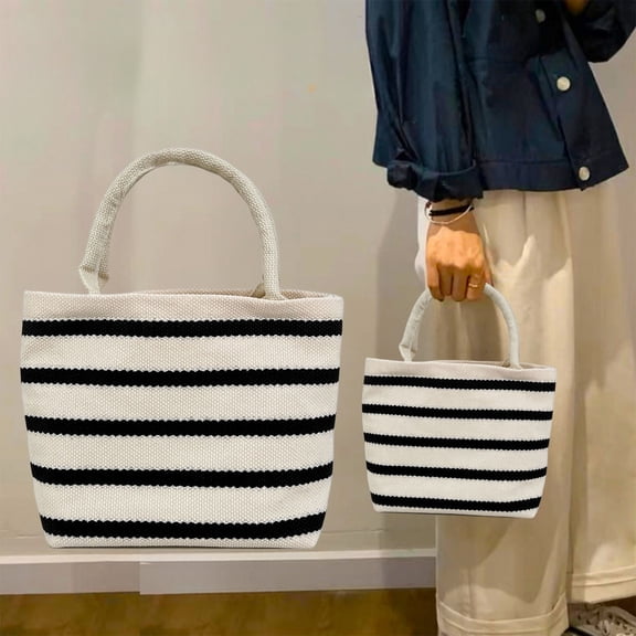 Hand Woven Canvas Handbag | Striped Shoulder Bag for Women | Lightweight Shopping Tote | 22x20x9cm White Casual Purse