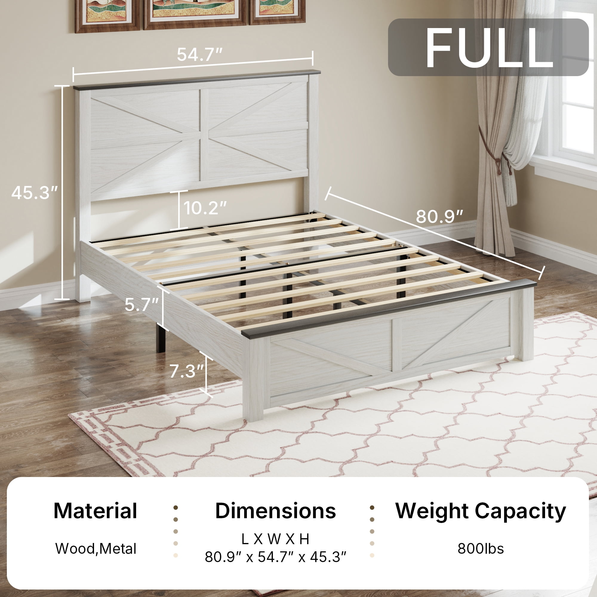 BSHTI Full Size Bed Frame with Wooden Headboard, Country and Farmhouse Style, White