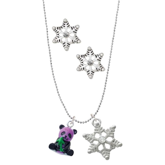 Delight Jewelry Resin Purple Panda Bear Silver tone Snowflake Charm Necklace and Stud Earrings