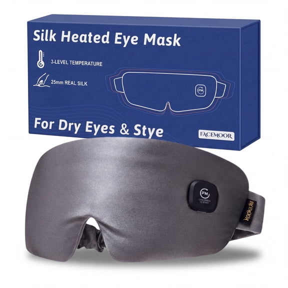 100% Pure Silk Heated Eye Mask for Dry Eyes, Washable Warm Compress Eye Mask for Puffy Eyes, Cordless Heating Pad for Tired Eyes, 3 Heat Settings, Auto Shut-Off, Bedtime Relaxation and Self Care