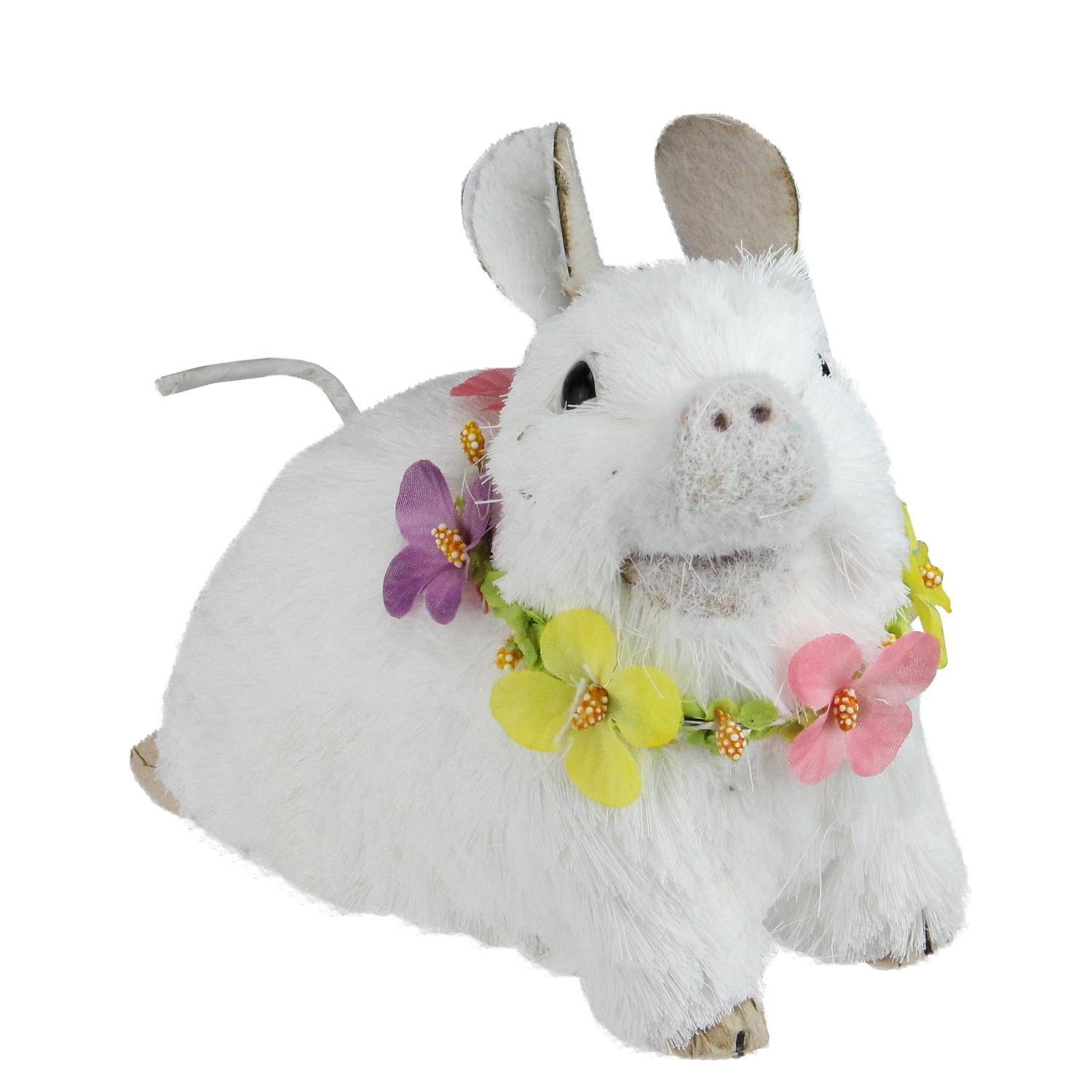 6.5" White Sisal Piglet with Floral Lei Spring Figure