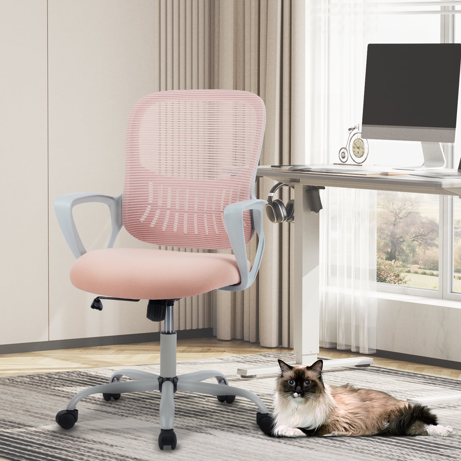Ergonomic Office Chair, Comfortable Home Office Chair with Lumbar Support Computer Chair with Adjustable Height, Pink Reclining Desk Chair
