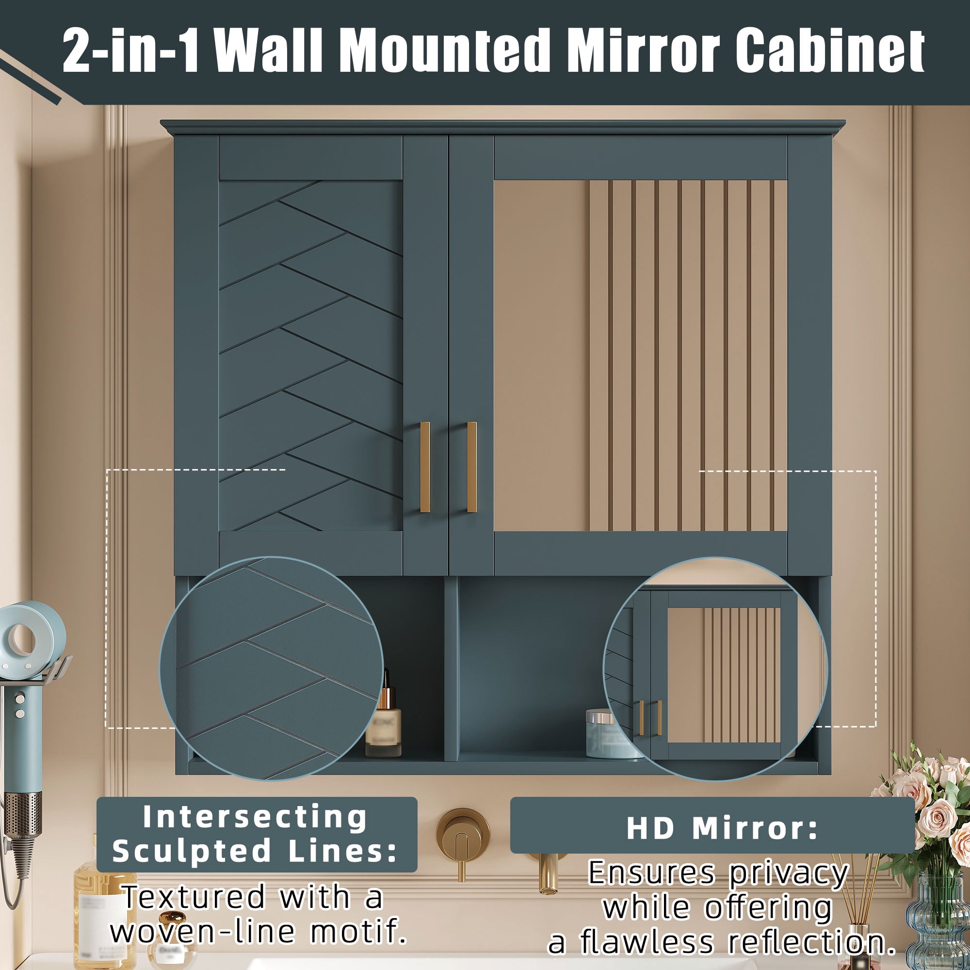 Euroco 2-in-1 Bathroom Mirror Cabinet, 30 inch Wall Mounted Medicine Cabinet with Adjustable Shelves & Soft Close Doors, High-Define Mirror with Storage for Bathroom Vanity