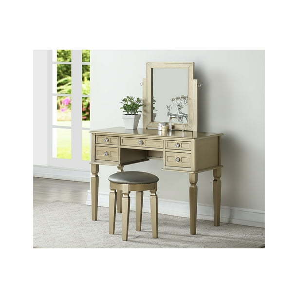 Simple Relax Vanity Table with Stool Set Champagne