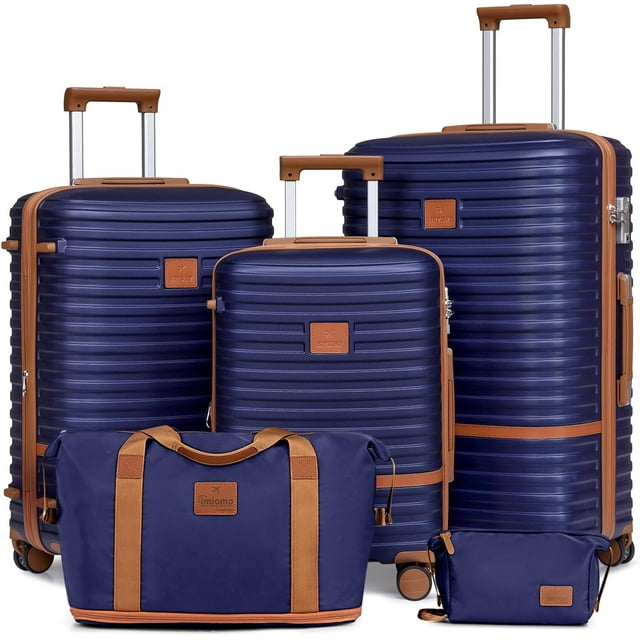 Joyway - Ensembles de Bagages 5 Pcs ABS Rigide à Roulettes Pivotantes - (Valise Extensible 20 Pouces24 Pouces) Bagage Enregistré 28 Po - Bleu Marine Brun