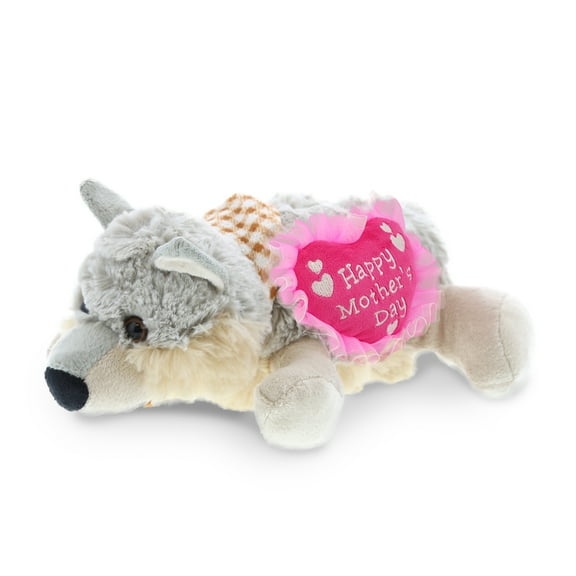 DolliBu Happy Mother's Day Super Soft Plush Lying Wolf Figure - Cute Stuffed Animal with Pink Heart Message for Best Mommy, Grandma, Wife, Daughter - Cute Wild Life Plush Toy Gift - 9" Inches