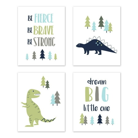 Jojo Designs Wall Hanging Sweet Jojo Designs Blue and Green Dream Big Dino Mod Dinosaur Collection Wall Decor Art Prints (Set of 4) ()