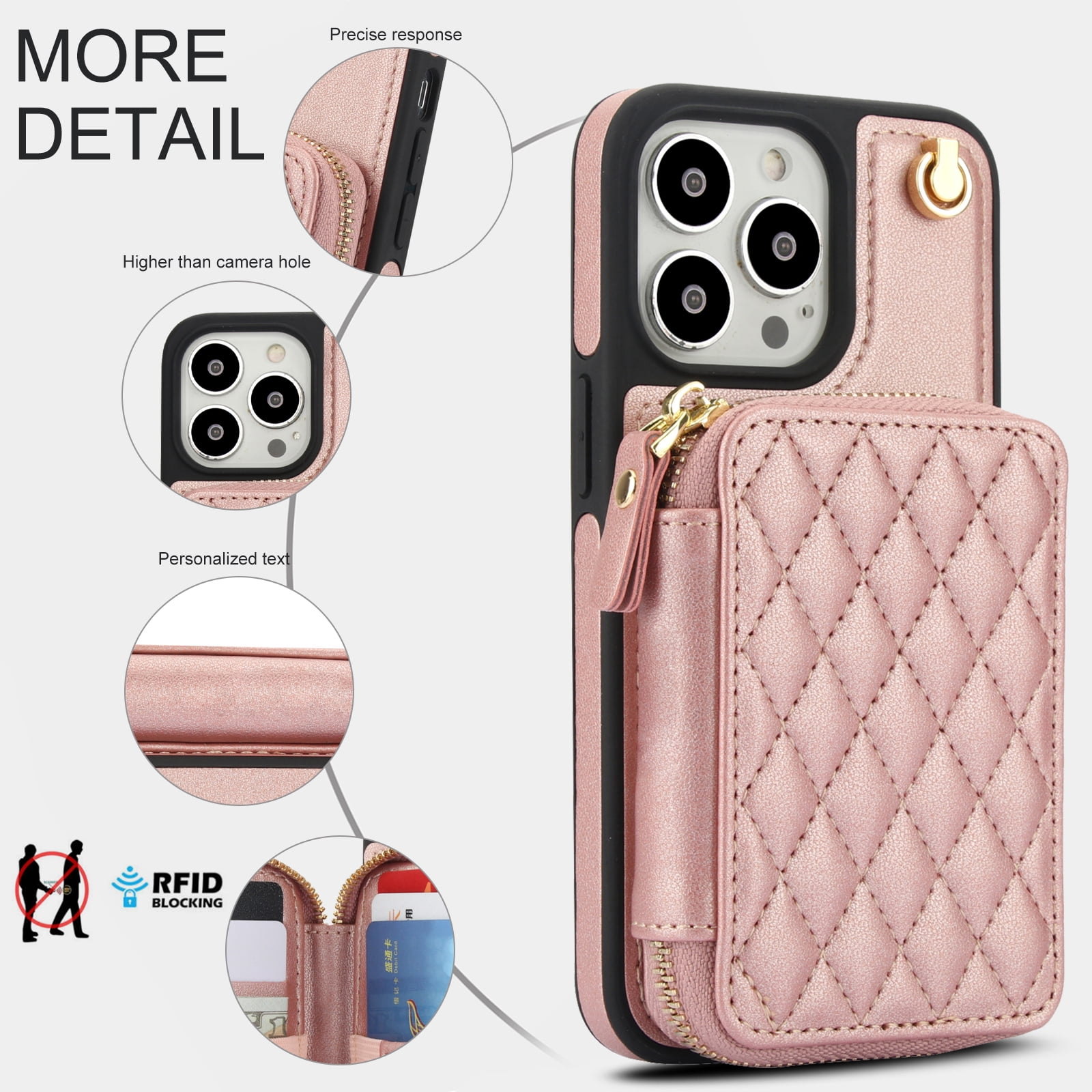 Compatible with iPhone 15 Pro Max 6.7 inch Wallet Phone Case Tempered Glass Screen Protector Wrist Crossbody Strap Stand Credit Card Holder RFID Slot Cell Cover for iP15ProMax Women Girls Rose Gold