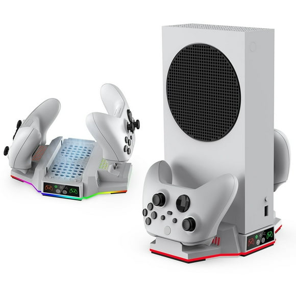 Soporte de refrigeración y estación de carga para Xbox Series S con luces RGB, cargador doble para mandos y ventilador de refrigeración Accesorio para consola XSS con 2 baterías recargables