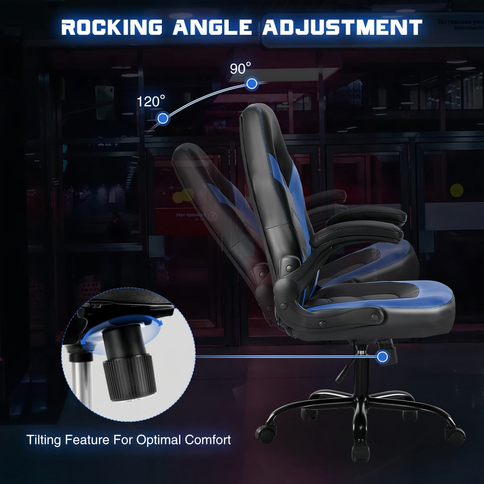 Kelno Ergonomic Gaming Chair PU Leather Computer Desk Chair with Lumbar Support Adjustable Height Flip-Up Armrests Swivel Wheels, Blue