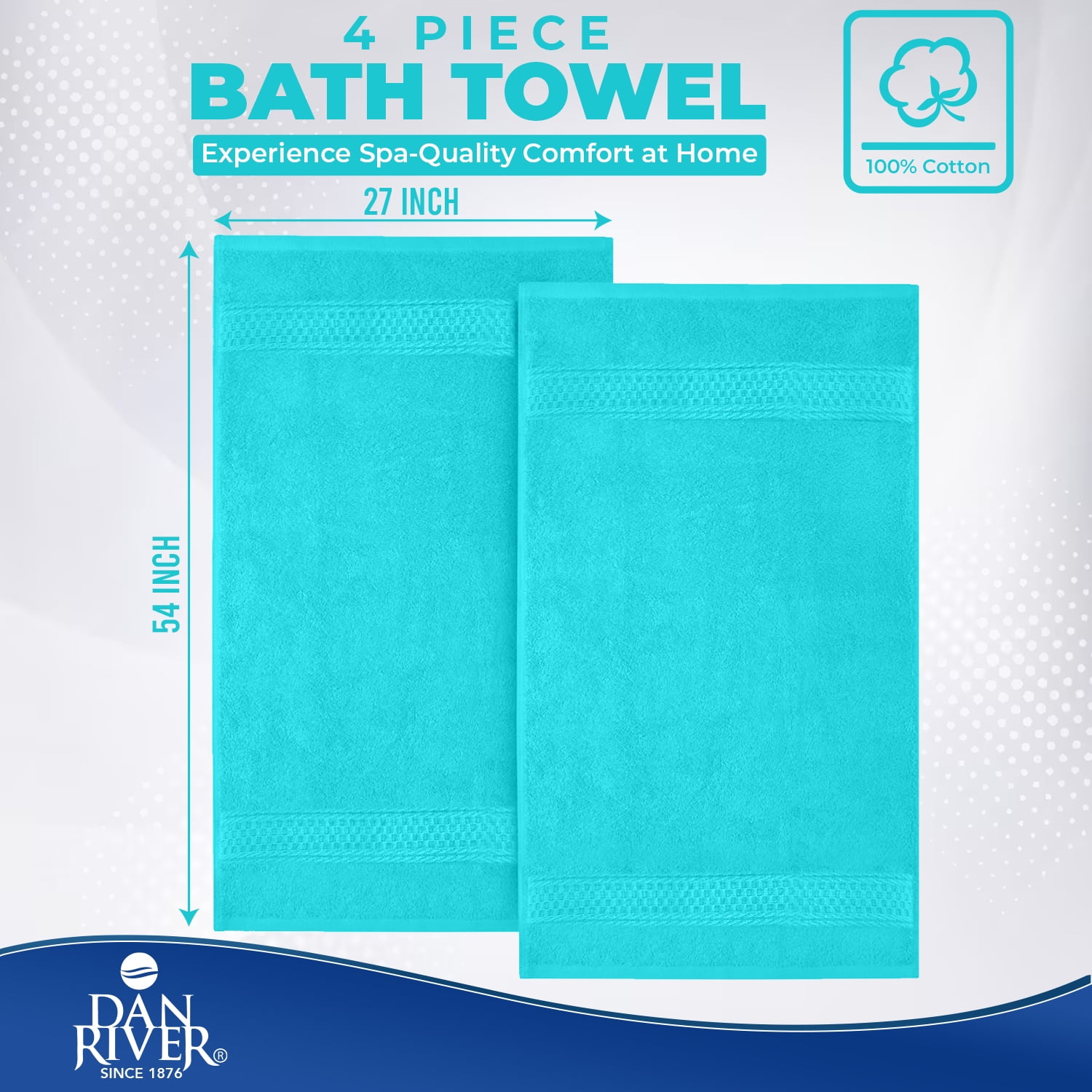 Dan River Bath Towel 4 Pack 27x54 in Ultra Soft Quick Drying Cotton Towel - Aqua