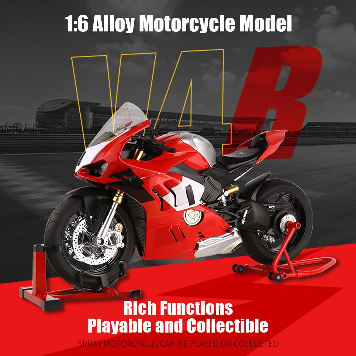 Dynamic Motorcycle Model, 1/6 Scale Alloy Motorbike with Ignition System, Light and Sound Effects & Smoke Spray, Idea for Desktop Display and Room Decor, Gift for Adults & Teens (Red)
