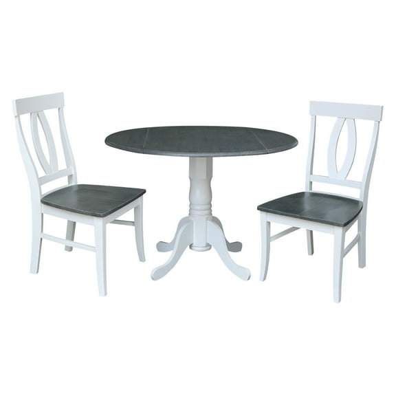 42" Solid Wood Dual Drop Leaf Pedestal Dining Table with 2 Splat Back Chairs in White/Heather Gray by International Concepts