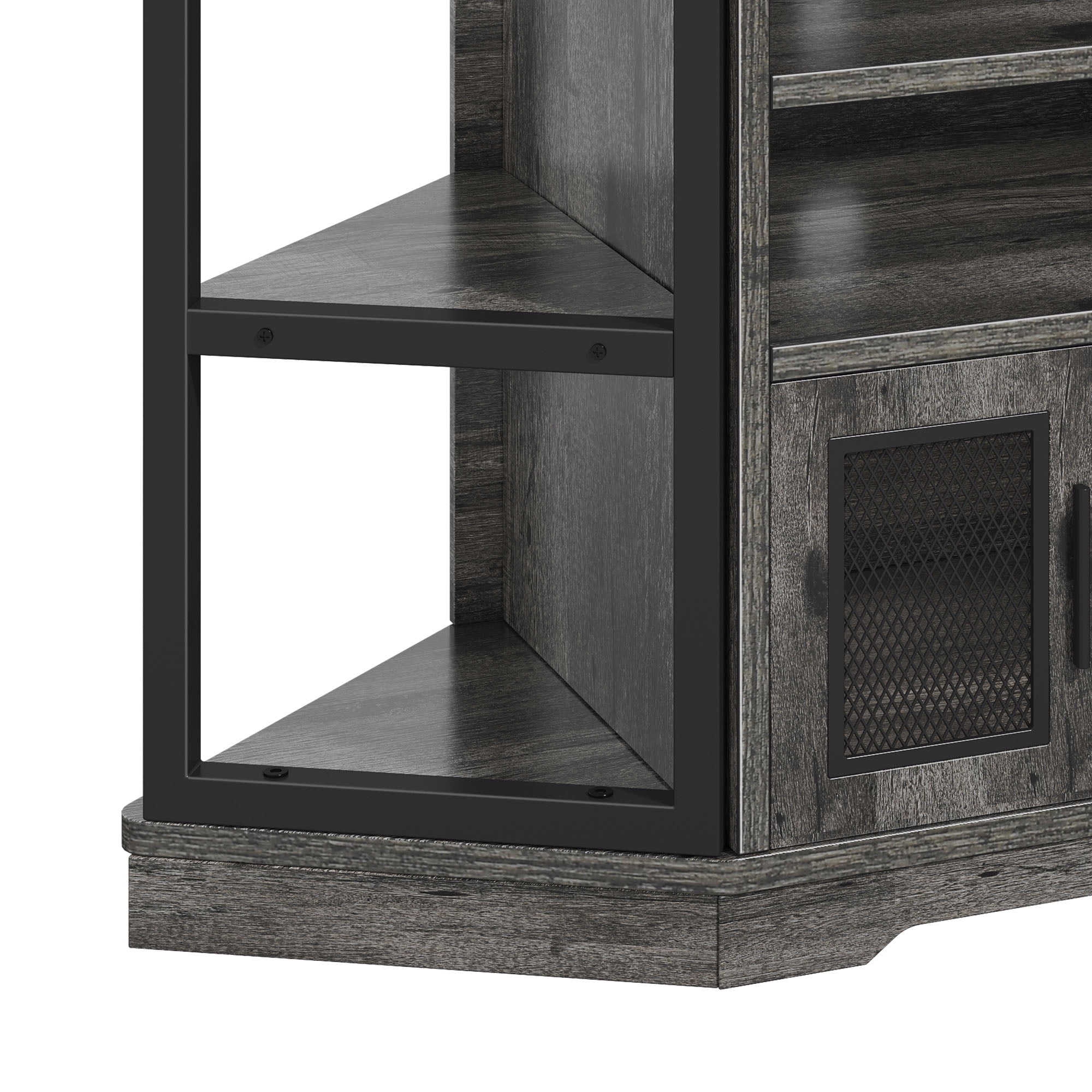 Uforic Modern Corner TV Stand with Adjustable Layer Board, Double Door Mesh Cabinet & 96-Hole Metal Handle, with 2 Outlets 2 USB Ports Power Socket, Gray