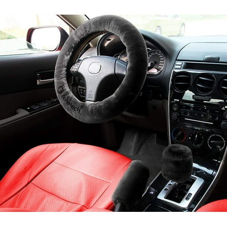 Auto Steering Wheel Cover - Zone Tech Black Non slip Car Decoration Steering Wheel Handbrake Gear Shift Plush Cover Auto Comfortable Thermal Steering Wheel Cover