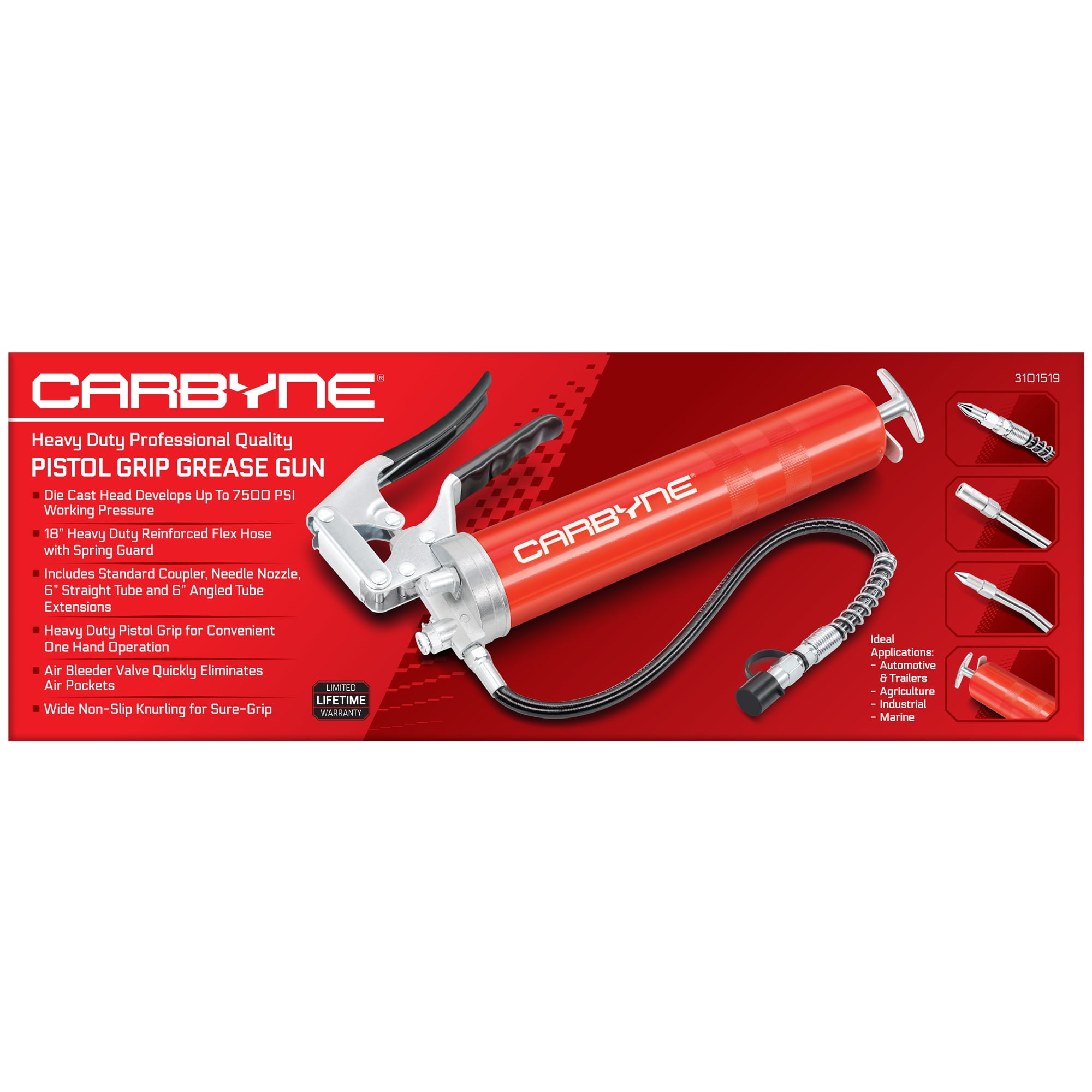 Carbyne Grease Gun, Pistol Grip, 7500 Psi, Steel Barrel, 3-Way Loading, 18 in. Hose, Straight and Angled Tubes, Needle Nozzle, Coupler