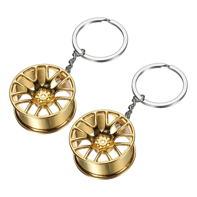 Uxcell 2Pcs Llavero de Rueda y Neumático, Accesorios de Auto, Llavero de Buje de Rueda, Llavero de Buje de Rueda para Hombres y Mujeres para Autos, Camiones y Bicicletas, Dorado