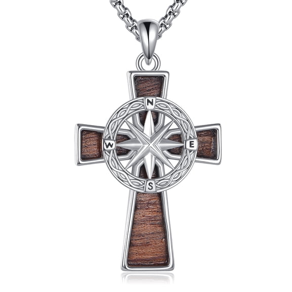 Compass Necklace 925 Sterling Silver Celtic Knot Cross Pendant Wooden Jewelry Gifts for Women Men