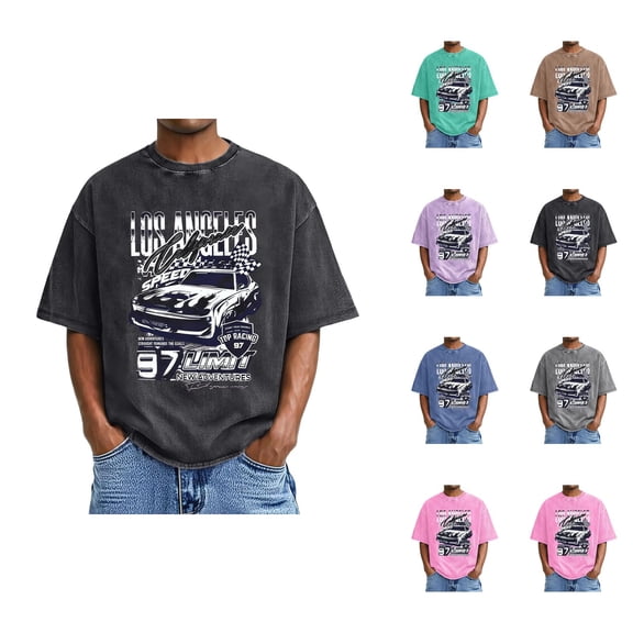 Washed Vintage T Shirts for Men 2026 Summer Casual Short Sleeve Crewneck Los Angeles Car Racing Graphic Tees