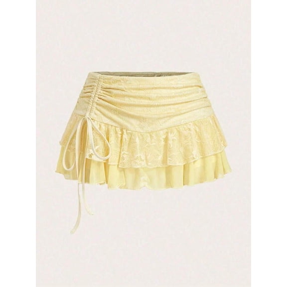Mustard Yellow Lace Ruffle Tiered Mini Skirt With Side Tie Waist