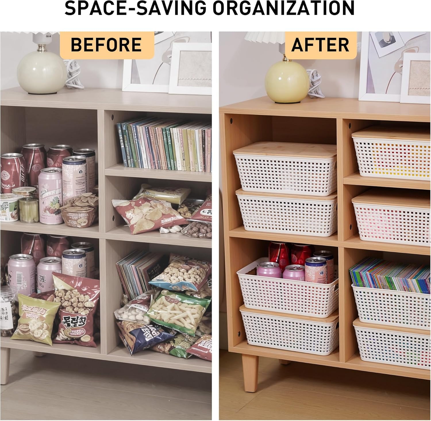 Small Storage Bins with Lids 6 Packs, Plastic Storage Basket with Bamboo Lid for Pantry Organization and Storage Containers for Shelves Drawers Desktop Closet Playroom Office Home, White