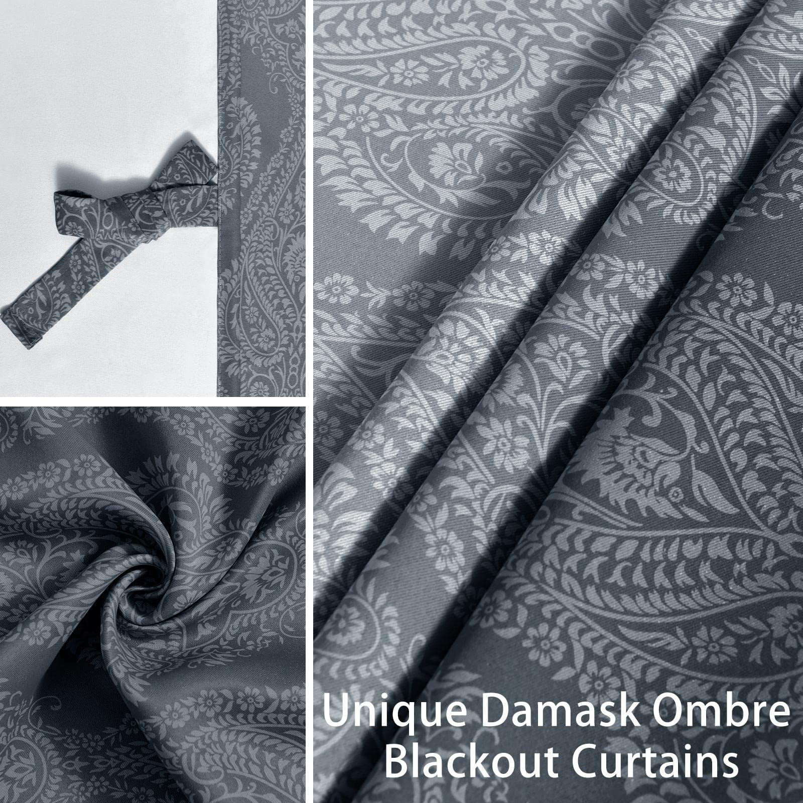 DWCN Ombre Blackout Curtains–Damask Patterned Thermal Insulated Noise Reducing Grommet Curtains for Bedroom Living Room, 52 x 84 Inches, Set of 2 Panels with Tiebacks, Grey