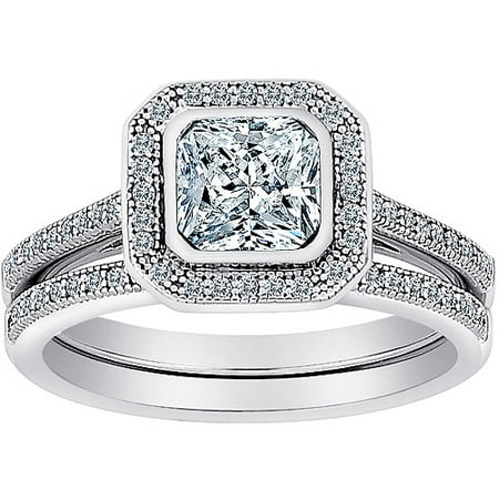 Majestic MicroPave CZ 2-Piece Asscher-Cut Framed Bridal Set in Sterling Silver