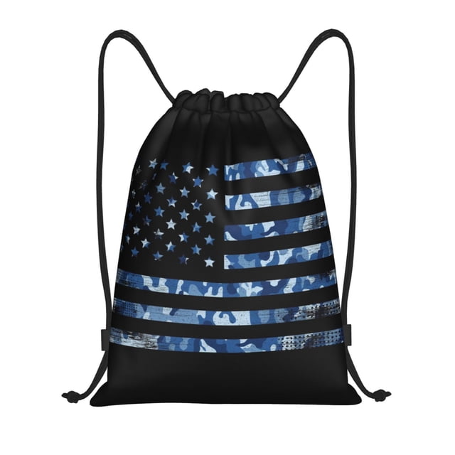 Saiise Navy Camouflage American Flag Pattern Sports Drawstring Backpack - String Swim Gym Bag with Wet Proof Pocket for Women&Men-Medium
