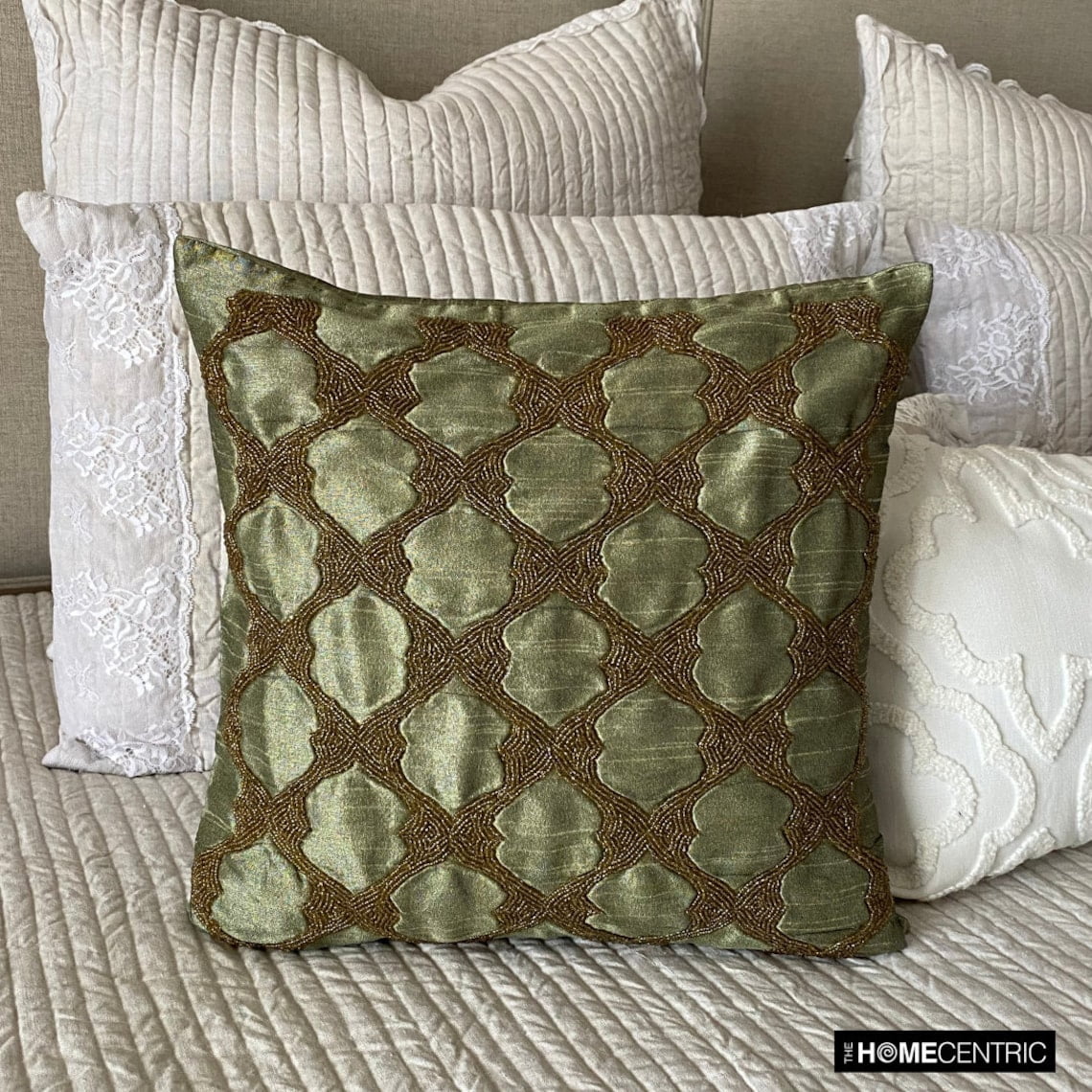 Pillow Cover Zipper, Earth Green Pillow Cover, Gold Beaded Lattice Trellis Pillow Cover, 14x14 inch (35x35 cm) Pillow Cover, Square Silk Pillow Cover Couch, Geometric - Tarnished Gold