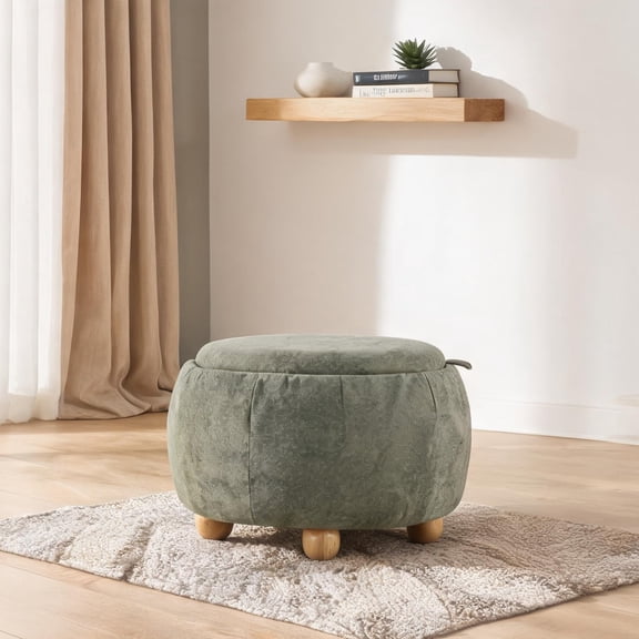 Square Storage Ottoman with Natural Wood Lid, Rich Green Fabric, 26-Inch