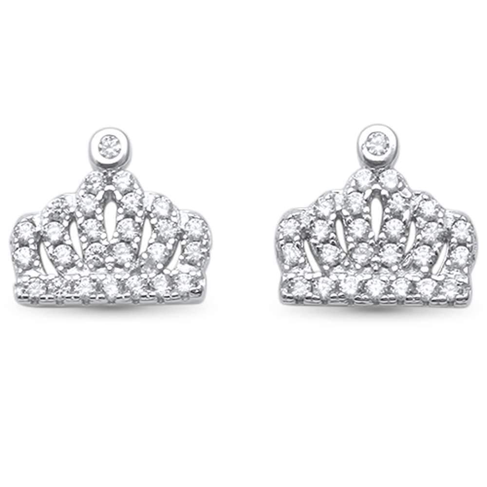 Clear Cubic Zirconia Crown Stud Earrings Sterling Silver