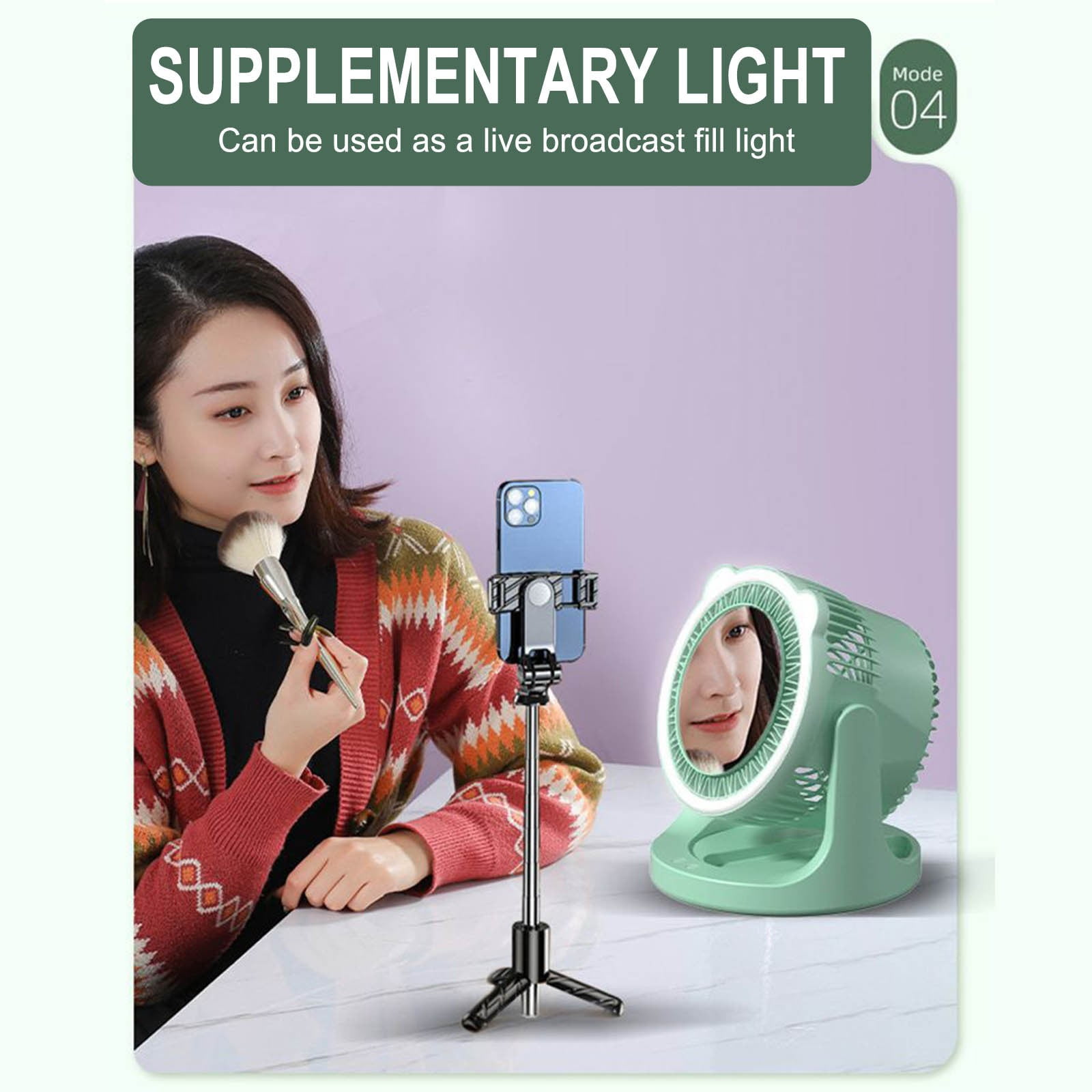 LSLJS USB Desk Fan, Portable Desktop Table Fan with Mirror & LED Lights, 180°Rotatable 3 Speeds Strong Airflow Quiet Operation Cooling Fan, Hanging/Standing Small Personal Fan for Home Office Bedroom